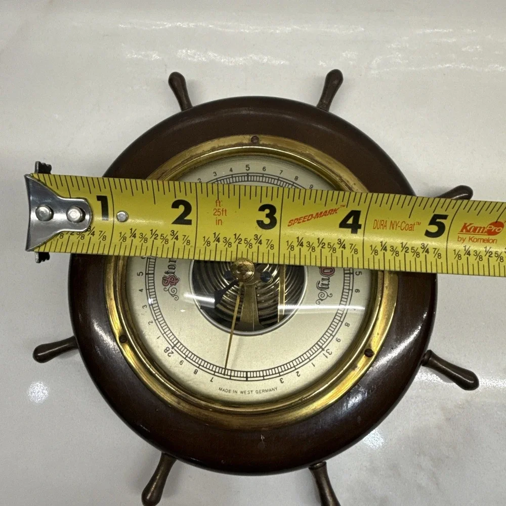 Vintage Aneroid Barometer Ships Wheel Nautical Wood Brass West Germany Tested